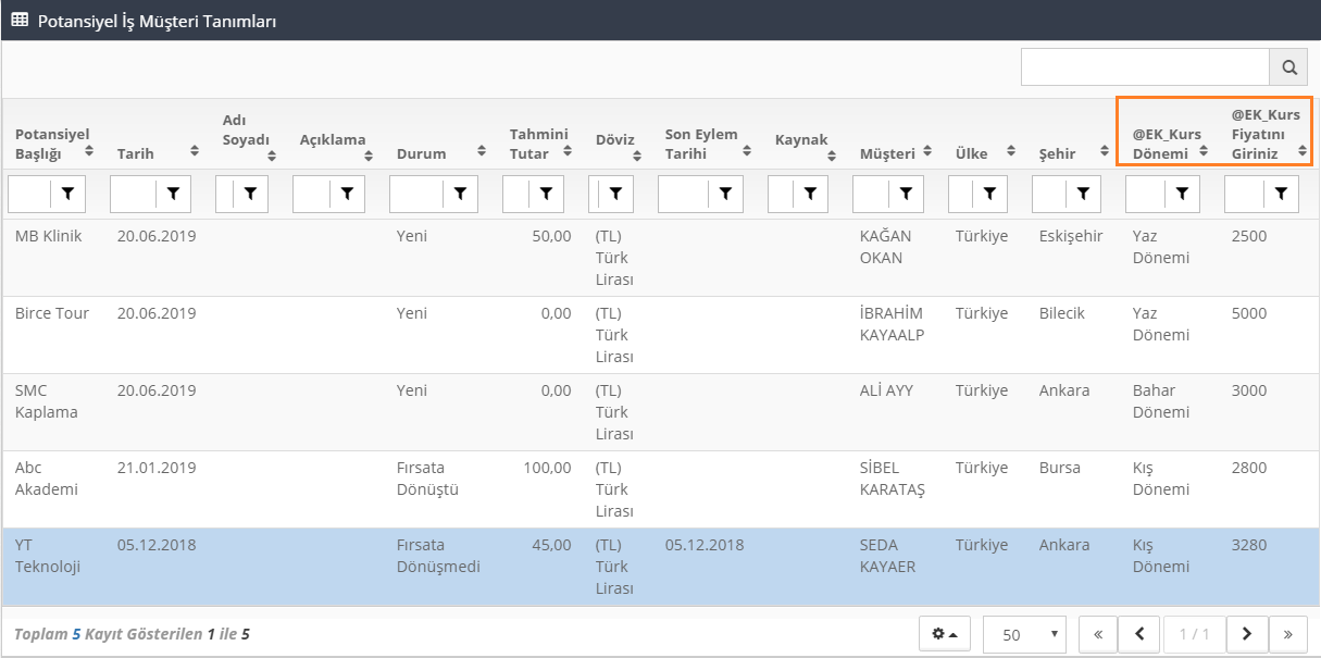 Potansiyel ve Fırsat Modülünde yeni alanlar açmak